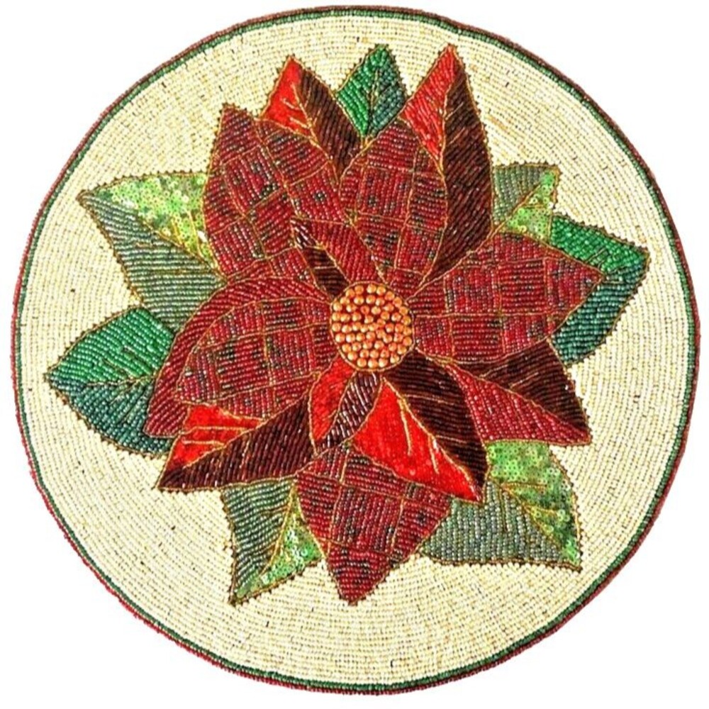 Cynthia Rowley Christmas Beaded Placemats 15" Poinsettia Set Of 2 Satin Backed